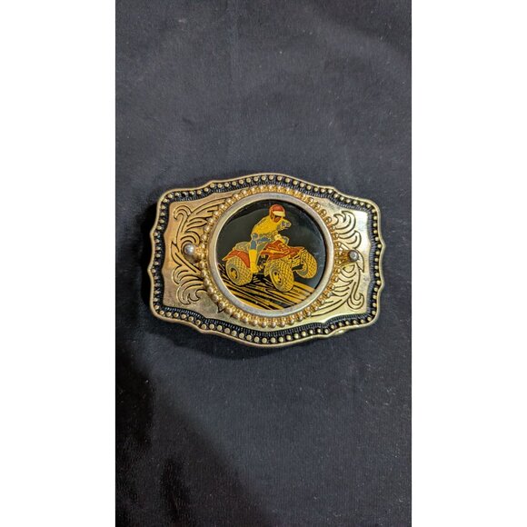 ATV Rider Vintage Metal Belt Buckle Gold & Black Finish Made In USA Western Styl - Picture 3 of 8